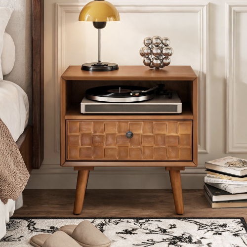 22" Mid-Century Modern Wood Nightstand with Carved Geometric Drawer Front, 1 Drawer and Open Shelf, Solid Wood Legs, Bedside Table for Bedroom - Golden Oak - Solid Wood+MDF