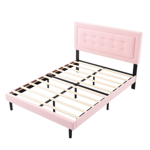 Full Size Upholstered Platform Bed Frame with Square Tufted Headboard, Easy Assembly Bed Frame for Bedroom, Pink - Solid Wood - Foam - Velvet - Wood