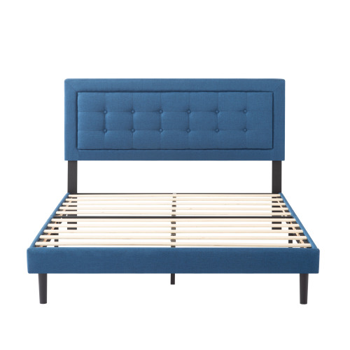Queen Size Upholstered Platform Bed Frame, Easy Assembly Bedroom Bed Frame, Dark Blue - Solid Wood - Foam - Linen - Wood