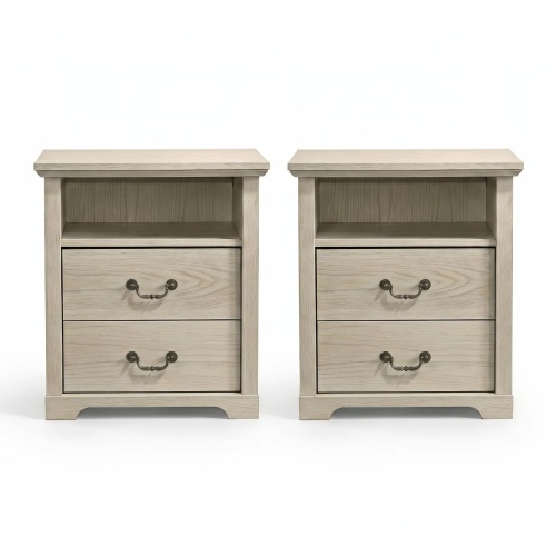 Rustic Style 2pc Nightstand Metal Handles Distressed Oak Finish Bedroom Furniture - Engineered Wood - Engineered Wood,Particle Board - 2 Drawers - Drawers