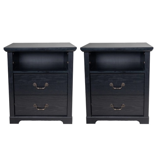 2pc Nightstand Metal Handles Black Finish Rustic Bedroom Furniture - Engineered Wood - Engineered Wood,Particle Board - 2 Drawers - Drawers