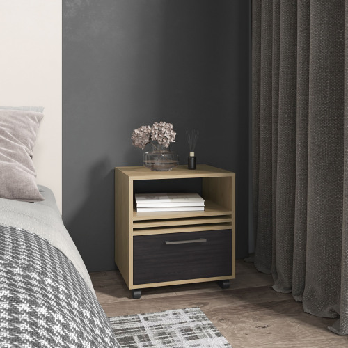 Vance 20" High One Drawer Nightstand, Casters, Mobile, One Shelf, Bedroom Natural Oak - Multi - Particle Board - Modern - 1 Drawer - Open Storage