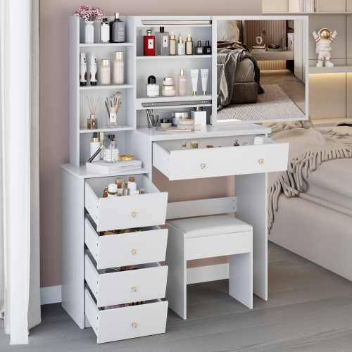 37" Left Bedside Cabinet Dressing Table + Cushioned Stool, Extra Large Right Sliding Mirror, Multi Layer High Capacity Storage, Practical Fashionable Makeup Vanity Table Set, EPA, GCC, UL Certificate - White - MDF - American Design