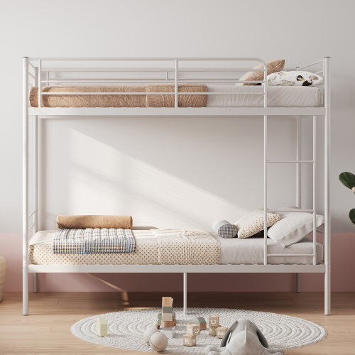 Bunk Bed with Ladder and high Guardrail, Able to Split, Metal Bunk Bed, Storage Space, Noise Free,Twin Over Twin Size,White - Modern - Bathroom - Box Spring Not Required - Modern