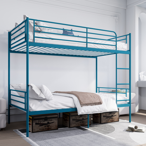 Bunk Bed with Ladder and high Guardrail, Able to Split, Metal Bunk Bed, Storage Space, Noise Free,Twin Over Twin Size,BLUE - Modern - Bathroom - Box Spring Not Required - Modern