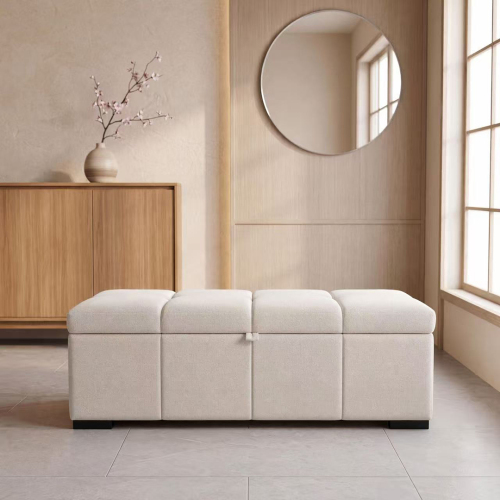 Modern Bed End Bench, Upholstered Storage Sofa Stool, Rectangular Storage Ottoman, Storage Ottoman Suitable for Bedroom, Living Room and Office.Beige - Linen - Classic - Flip Top - Black