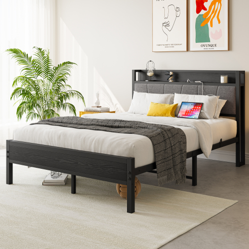 Full Size Bed Frame, Storage Headboard with Charging Station, Solid and Stable, No Box Spring Needed, Easy Assembly - Black - Metal & Wood - Bedroom - Box Spring Not Required - Not Specified - Iron - Black