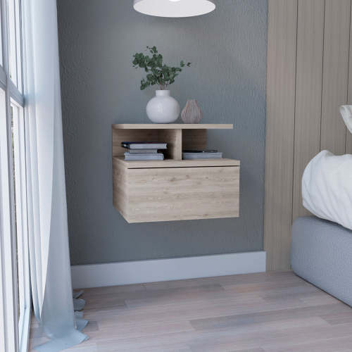 Floating Nightstand 12"H, Wall Mounted with Single Drawer and 2-Tier Shelf, Light Gray - Particle Board - Particle Board