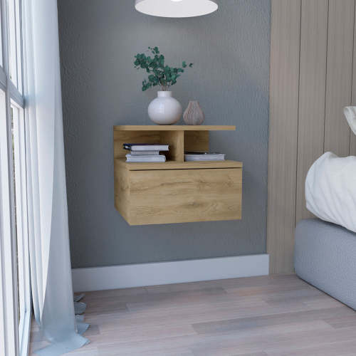 Floating Nightstand 12"H, Wall Mounted with Single Drawer and 2-Tier Shelf, Macadamia - Beige - Particle Board - Particle Board