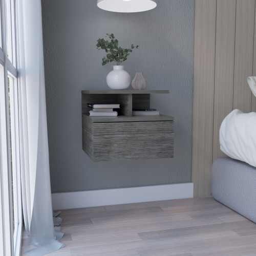 Floating Nightstand 12"H, Wall Mounted with Single Drawer and 2-Tier Shelf, Smokey Oak - Pine - Particle Board
