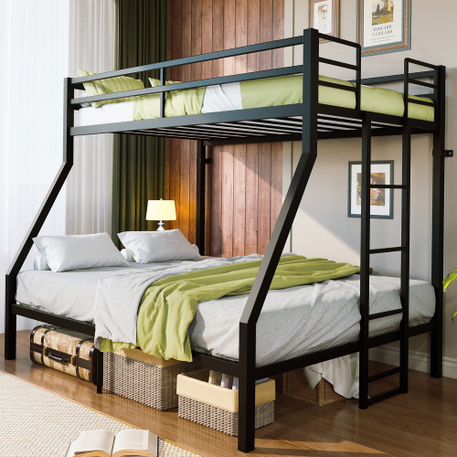 Twin over Full Metal Bunk Bed Frame with Sturdy Floor-Length Ladder, Heavy Duty Steel Bunkbeds for Kids & Adults, Anti-Noise & Non-Slip, 12.2" Under-Bed Storage, Black - Bedroom - Box Spring Not Required - Iron