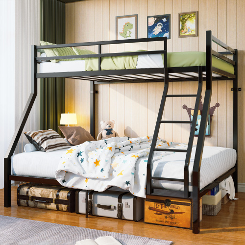 Twin Over Full Bunk Bed with Metal Slat Support, Built-In Angled Ladder, Upper Guardrails and Underbed Storage Space, Reinforced Metal Frame for Shared Bedrooms and Guest Rooms, Black - Box Spring Not Required - Iron