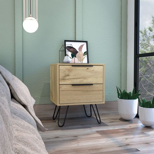 Augusta 2 Nightstand , End Table, Side Table Four Legs, Two Drawers -Light Oak - Beige - Particle Board - Particle Board