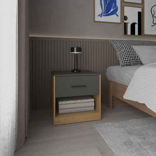 Alder 19.7" High One Drawer Nightstand Side Table end Table with Open Shelf for Bedroom, Home Office, Living Room Natural Oak - Matt Gray - Multi - MDF - Modern - Not Specified