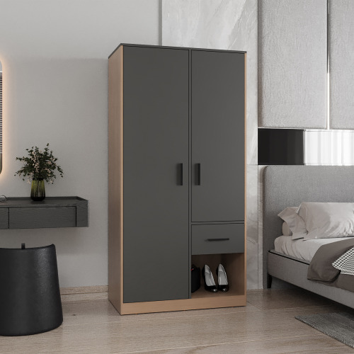 Alder 2-Door  One Drawer Amoire with 2 Cabinets, Two Hanging rods and Four Shelves in Matt Gray and Natural Oak - Multi - MDF - Modern - Bedroom