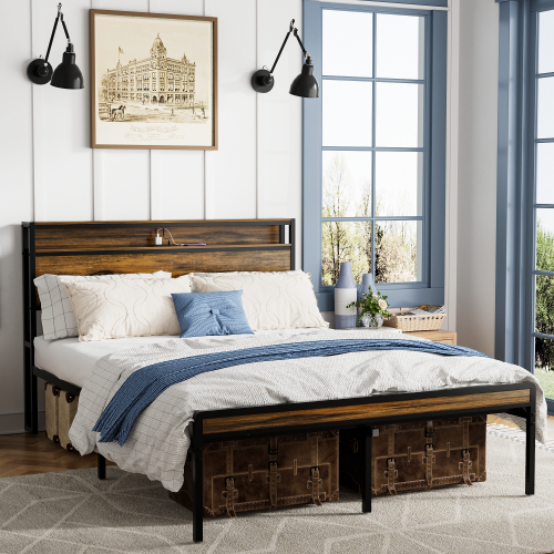 Queen Size Bed Frame, Storage Headboard with LED light, Charging Station, Solid and Stable, Noise Free, No Box Spring Needed, Easy Assembly, Vintage Brown - Antique brown - Particle Board - American Design - Bedroom - Box Spring Not Required - Iron