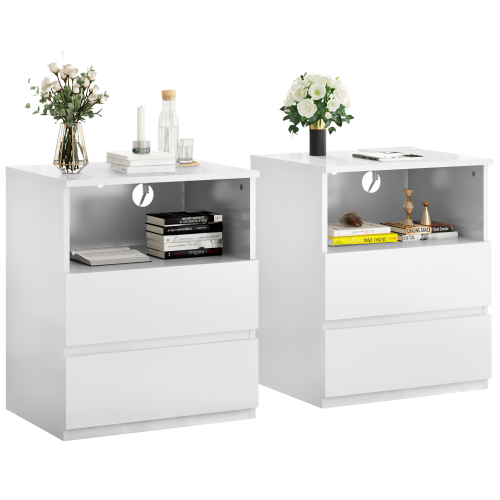 (Set of 2)End Table with Fast USB C Charging Station, Sofa Side Table with 2 Drawers, Large Storage Modern Wood Storage Cabinet for Living Room,Bedroom,Office, White - White Bedside table (with USB & Type C & Outlets) - Particle Board - Primary Living Space
