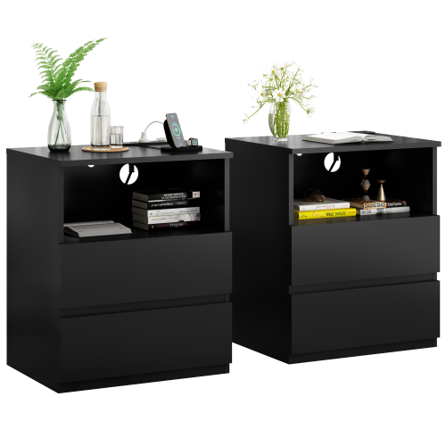 (Set of 2)End Table with Fast USB C Charging Station, Sofa Side Table with 2 Drawers, Large Storage Modern Wood Storage Cabinet for Living Room,Bedroom,Office, Black - Black Bedside table (with USB & Type C & Outlets) - Particle Board - Primary Living Space