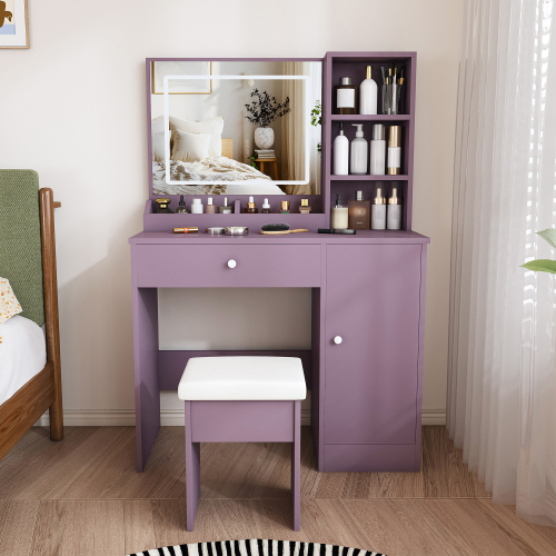 Stylish Vanity Desk Set with Padded Stool & Adjustable LED Lighted Mirror (3 Color Modes), Modern Bedroom Makeup Vanity Desk Combo, Purple - MDF - PU Leather - American Design,Luxury,Modern