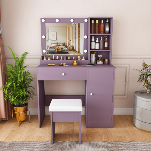 Stylish Vanity Desk Set with Padded Stool & Adjustable Lighted Mirror (Round Bulbs, 3 Color Modes), Modern Bedroom Makeup Vanity Desk Combo, Purple - MDF - PU Leather - American Design,Luxury,Modern