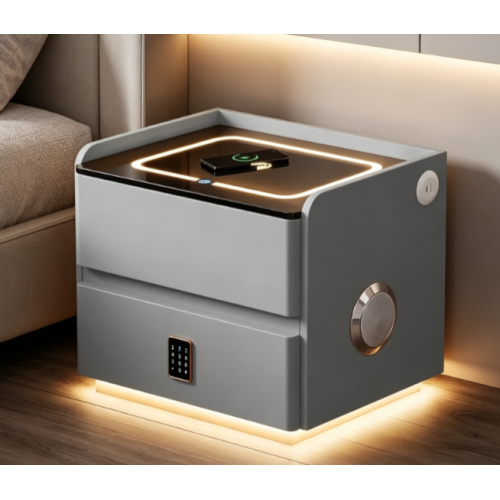 Smart Leather Nightstand with LED Ambience Light Wireless Charging Bluetooth Speaker and Digital Password Lock - Tempered Glass - Solid Wood,Tempered Glass