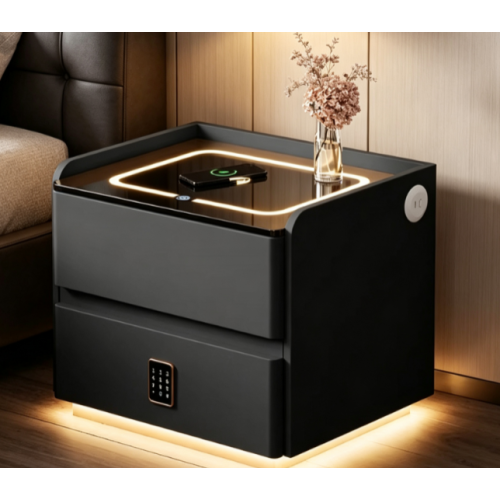 Smart Leather Nightstand with LED Ambience Light Wireless Charging Bluetooth Speaker and Digital Password Lock - Tempered Glass - Solid Wood,Tempered Glass - Tempered Glass - Solid Wood,Tempered Glass
