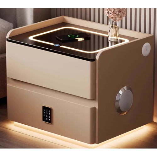 Smart Leather Nightstand with LED Ambience Light Wireless Charging Bluetooth Speaker and Digital Password Lock - Tempered Glass - Solid Wood,Tempered Glass - Tempered Glass - Solid Wood,Tempered Glass