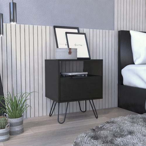 Augusta Nightstand , End Table, Side Table Single Door Cabinet, Hairpin Legs -Black - Particle Board - Particle Board