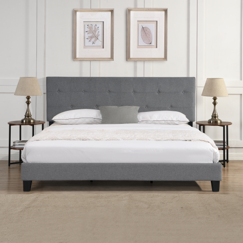 King Size Upholstered Platform Bed Frame with Button Tufted Linen Fabric Headboard, No Box Spring Needed, Wood Slat Support, Easy Assembly, Gray - Grey - Grey