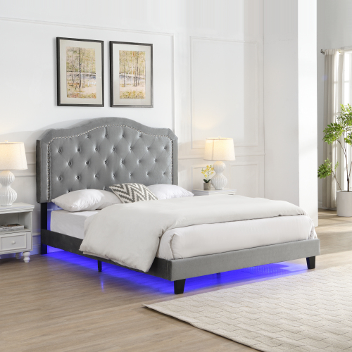 Upholstered Bed Button Tufted with Curve Design - Strong Wood Slat Support - Easy Assembly - Light Grey Velvet - With LED light-platform bed - Queen - Light Gray - MDF - Light Gray - MDF