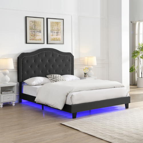 Upholstered Bed Button Tufted with Curve Design - Strong Wood Slat Support - Easy Assembly - Black Velvet - With LED light-platform bed - Queen - MDF - MDF