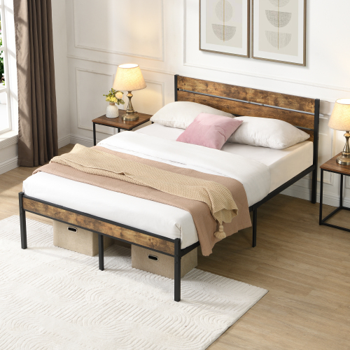 Full Size Bed Frame with Wood Headboard, Metal Platform Bed with Under Bed Storage, No Box Spring Needed, Rustic Brown & Black - Brown+Black - MDF+Metal