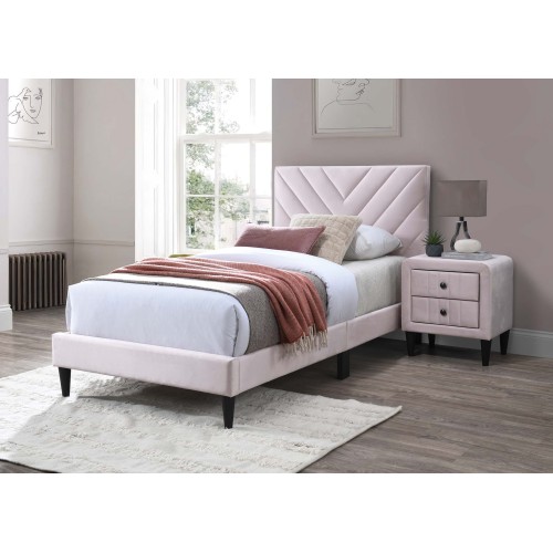 Modern V-Stitching Tufted Design Twin Bed Velvet Upholstered in Light Pink - Foam - Bedroom - Box Spring Not Required - Not Specified