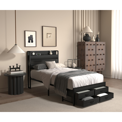 Twin Bed Frames with Headboard, Twin Size Bed Frames with Storage Drawers, Twin Bed, Black Metal Platform Bed Frame, Single Bed Frame, No Box Spring Needed - MDF+Metal - MDF