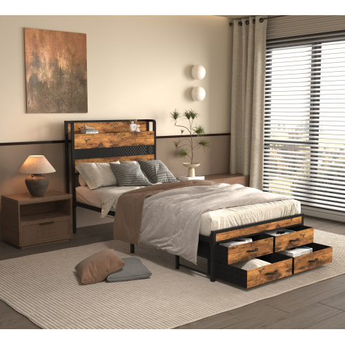 Twin Bed Frames with Headboard, Twin Size Bed Frames with Storage Drawers, Twin Bed, Black Metal Platform Bed Frame, Single Bed Frame, No Box Spring Needed - MDF+Metal - MDF - Black - MDF+Metal - Metal - MDF