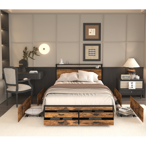 Full Size Bed Frame with 8 Storage Drawers, LED Headboard with Charging Station, Metal Platform Bed Frame, No Box Spring Needed, Noise-Free, Stable and Solid, Brown - Black+Brown - MDF+Metal - MDF