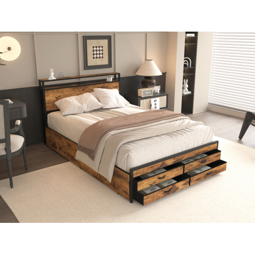 Queen Size Bed Frame with 8 Storage Drawers, LED Headboard with Charging Station, Metal Platform Bed Frame, No Box Spring Needed, Noise-Free, Stable and Solid, Brown - Black+Brown - MDF+Metal - MDF