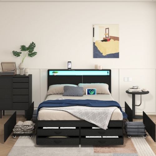 Full Size Bed Frame with 8 Storage Drawers, LED Headboard with Charging Station, Metal Platform Bed Frame, No Box Spring Needed, Noise-Free, Stable and Solid, Black - MDF+Metal - MDF