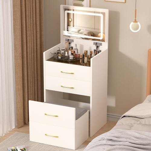 3 in 1 Vanity Desk with open Top Mirror,Small Make Up Vanity Set with Visible Glass Desktop,Compact Makeup Vanity with 3 Drawers,Dressing Table for Bedroom - White - MDF - American Design - Ball Bearing Glides - White