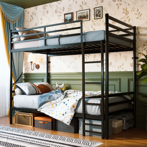 Bunk Bed Twin Over Twin for Kids/Teens/Adults, 13.7" High Safety Guardrail, 19 Heavy-Duty Slats Support 600LBS, Sturdy Ladder, Large Under-Bed Storage, Converts to 2 Separate Beds, Black - Metal - Metal - Bedroom - Box Spring Not Required - Iron