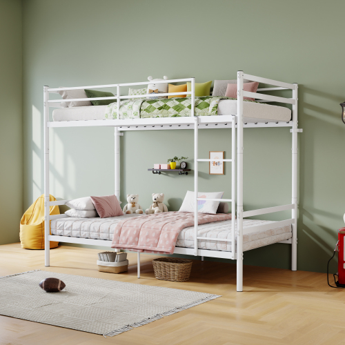 Bunk Bed with Ladder and high Guardrail Metal Bunk Bed, Storage Space, Noise Free,Twin Over Twin Size,WHITE - Modern - Bathroom - Box Spring Not Required - Not Specified