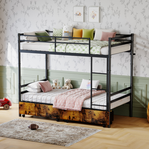 Metal Bunk Bed with drawers, Heavy Duty Bunk with High Guardrail and Safety Entrance Design, Under-Bed Storage Space, Easy Assembly, Noise Free, Black - Not Specified - Bedroom - Twin - Not Specified - Box Spring Not Required - Iron