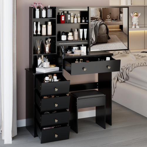 37" Left Bedside Cabinet Dressing Table + Cushioned Stool, Extra Large Right Sliding Mirror, Multi Layer High Capacity Storage, Practical Fashionable Makeup Vanity Table Set, EPA, GCC, UL Certificate - Black - MDF - American Design