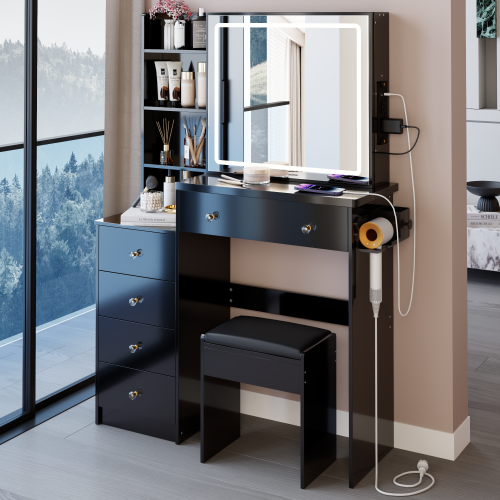 37" Left Bedside Cabinet Vanity Table + Cushioned Stool, 2 AC+2 USB Socket, Hair Dryer Stand, Large Touch Control LED Sliding Mirror, 3-color Switch Makeup Dressing Set, EPA, GCC, UL Certificate - Black - MDF - American Design