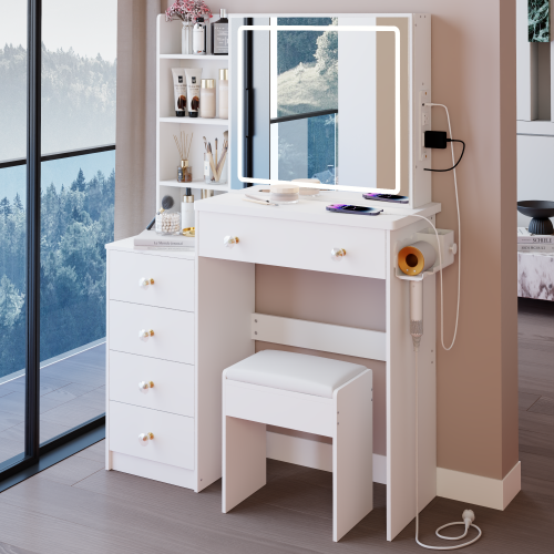 37" Left Bedside Cabinet Vanity Table + Cushioned Stool, 2 AC+2 USB Socket, Hair Dryer Stand, Large Touch Control LED Sliding Mirror, 3-color Switch Makeup Dressing Set, EPA, GCC, UL Certificate - White - MDF - American Design