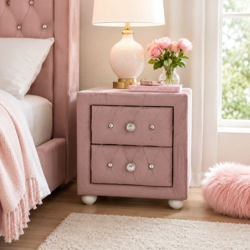 Reggie Pink Fabric Nightstand - Fabric,Synthetic Wood - 2 Drawers