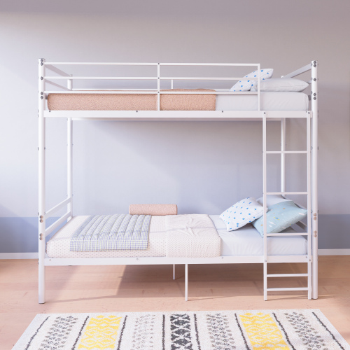 Bunk Bed Twin Over Twin for Kids/Teens/Adults Duty,13.7 inch High Safety Guardrail,One layer with 19 bars and support 600LBS, Sturdy Ladder, Big storage space under the bed,Convertible 2 Beds,White - Metal - Metal - Modern - Bedroom - Box Spring Not Required - 13.7-Inch