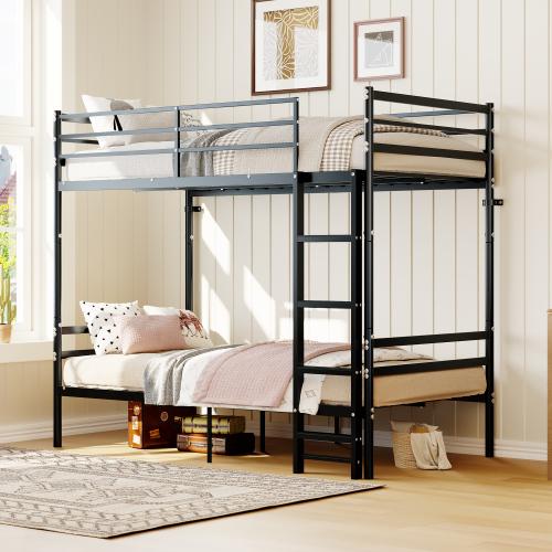 Bunk Beds Twin Over Twin, Heavy-Duty Bunk Bed with Safety Guardrail & Ladder, Metal Slats Support, No Box Spring Needed, Ideal for Teens Adults, Black - Modern - Bedroom - Box Spring Not Required - Not Specified