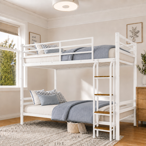 Bunk Beds Twin Over Twin, Heavy-Duty Bunk Bed with Safety Guardrail & Ladder, Metal Slats Support, No Box Spring Needed, Ideal for Teens Adults,WHITE - Modern - Bedroom - Box Spring Not Required - Not Specified