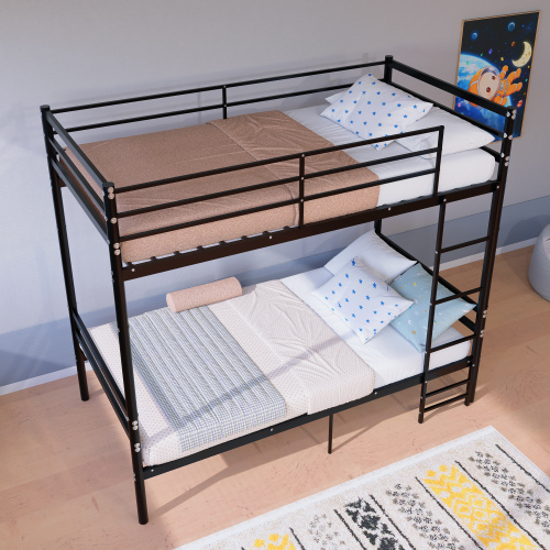 Bunk Bed Twin Over Twin for Kids/Teens/Adults Duty,13.7 inch High Safety Guardrail,One layer with 19 bars and support 600LBS, Sturdy Ladder, Big storage space under the bed,Convertible 2 Beds,Black - Metal - Metal - Modern - Bedroom - Box Spring Not Required - 13.7-Inch